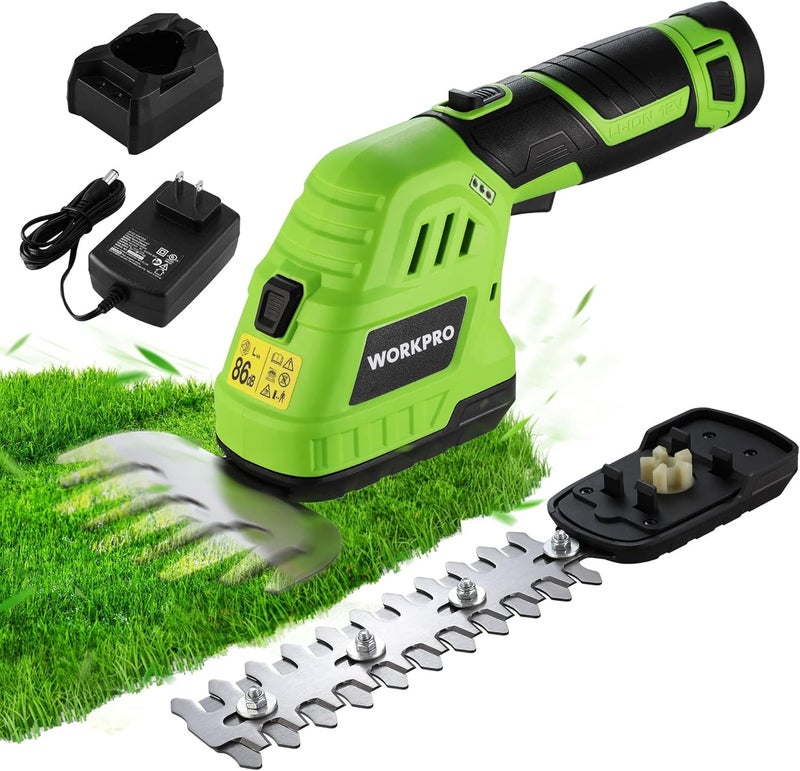 WORKPRO مقص العشب اللاسلكي 12 فولت ومقص الشجيرات - 2 في 1 مقص التحوط اليدوي، قاطع العشب الكهربائي مع بطارية ليثيوم أيون قابلة للشحن بسعة 2.0Ah وشاحن سريع لمدة ساعة - Image 1
